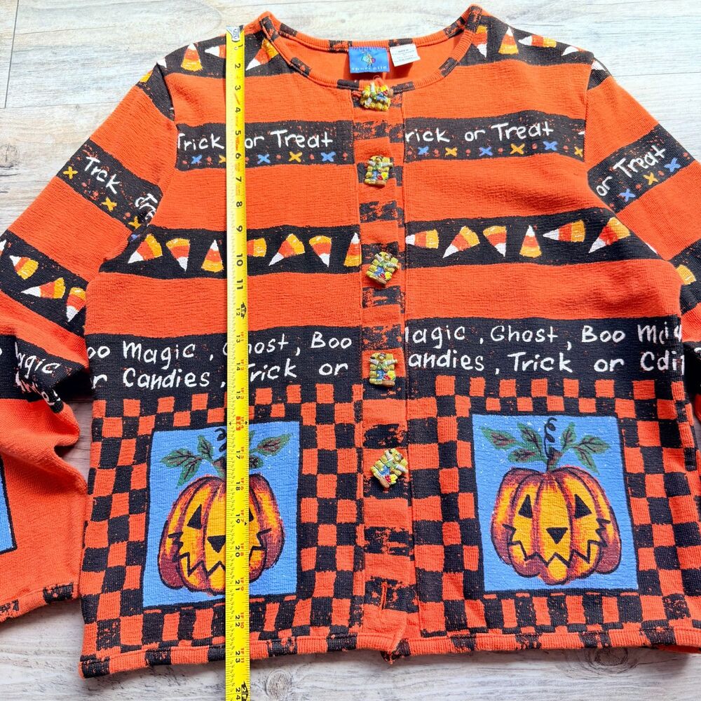 Vintage Halloween Sweater Cardigan Medium Pumpkin Candy Corn Trick or Treat 90s - Picture 5 of 12
